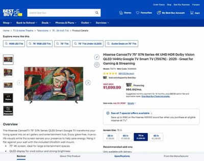 Best Buy: 75" Hisense CanvasTV 75S7N - $1,699.99 (Best Buy) $1,698 (Visions Electronics)