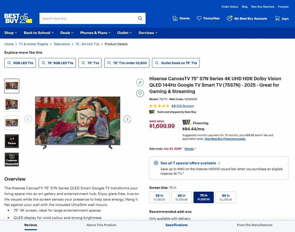 Best Buy: 75" Hisense CanvasTV 75S7N - $1,699.99 (Best Buy) $1,698 (Visions Electronics)