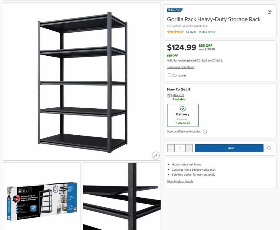 Costco - Proslat Bin Warehouse Tote Rack - $119.99 ($30 off) | Gorilla Rack Storage Rack - $124.99 ($35 off)