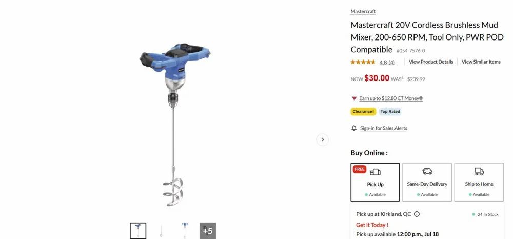Canadian Tire: Mastercraft 20V Cordless Brushless Mud Mixer, 200-650 RPM, Tool Only, PWR POD Compatible $30 (reg. $240)