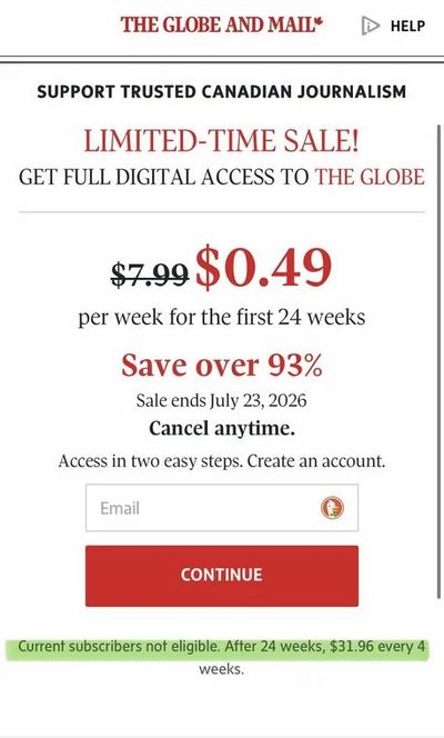 The Globe and Mail: $0.49/week Digital Globe and Mail for 24 weeks is back