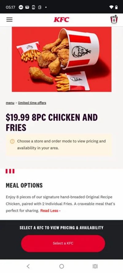 KFC: 8 PC bone in or tenders + fries $19.99, big crunch sandwich $5.95 Monday sandwich of the day