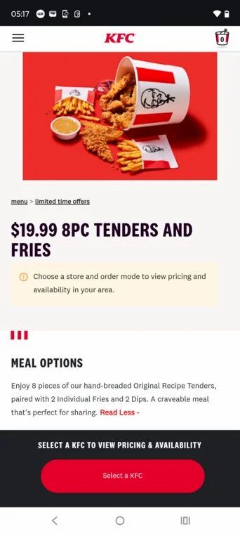 KFC: 8 PC bone in or tenders + fries $19.99, big crunch sandwich $5.95 Monday sandwich of the day