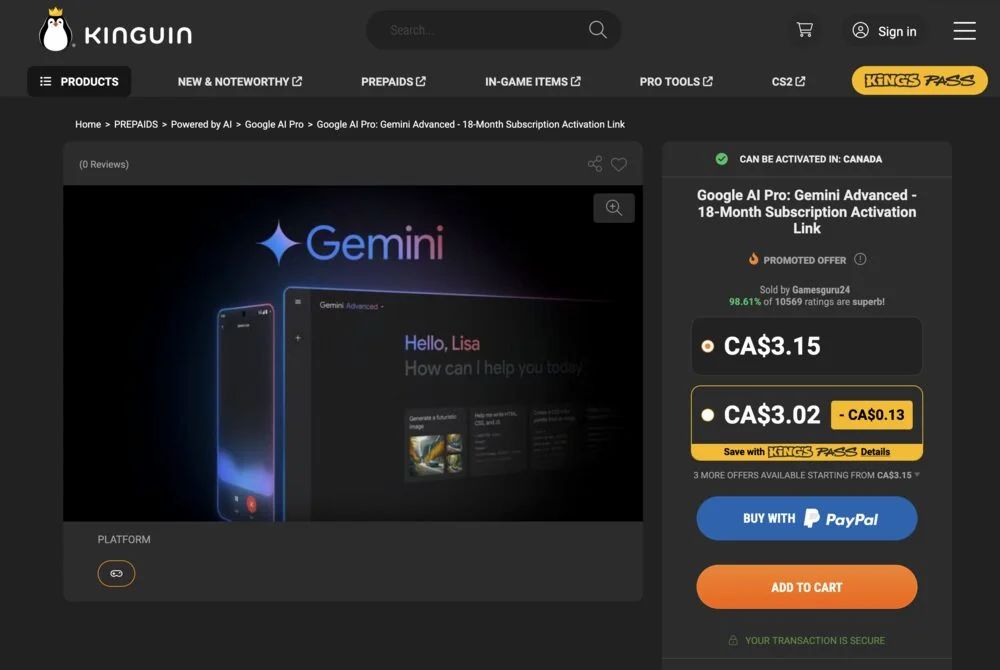 Kinguin: Google AI Pro 18 Months - $3.15