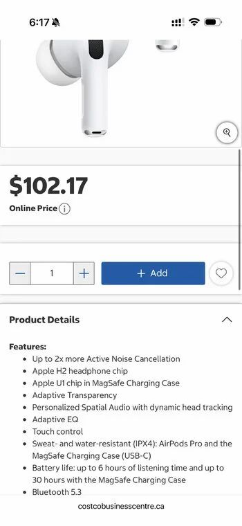 Costco: YMMV: Uber Eats (Costco) Apple Airpods Pro 2nd Generation With Magsafe Case, White $116.67 ($106.67 for members)