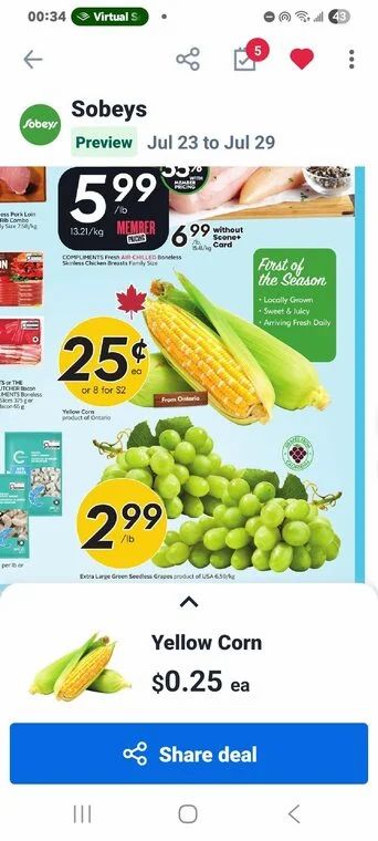 Metro: ON: Metro Fresh Corn $0.29, Pepsi/Coke 6x710 ml $1.99 net after getting $1 value of Moi pts...