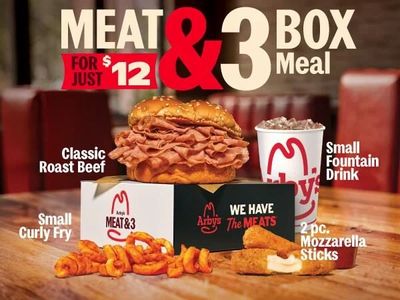 Arbys: Arby's Meat & 3 Box , Roast Beef Sandwich + Curly Fries + Mozza Sticks + Drink - $12