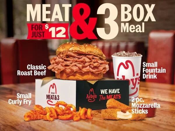 Arbys: Arby's Meat & 3 Box , Roast Beef Sandwich + Curly Fries + Mozza Sticks + Drink - $12