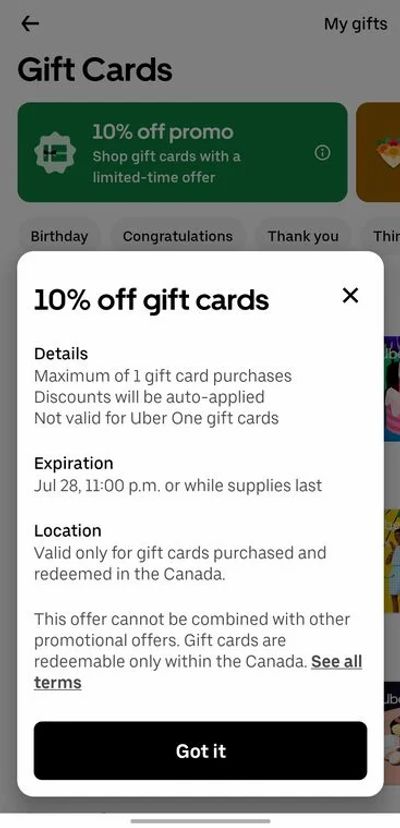 Uber: 10% off Uber Eat GC - YMMV