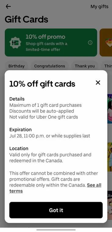 Uber: 10% off Uber Eat GC - YMMV