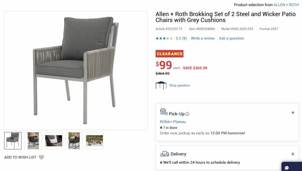 Rona: $99 Allen + Roth Brokking Set of 2 Steel and Wicker Patio Chairs with Grey Cushions