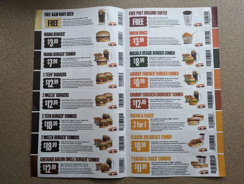 A&W: Mid-July to mid-August A&W mail coupons - Manitoba (& Kenora/Dryden)