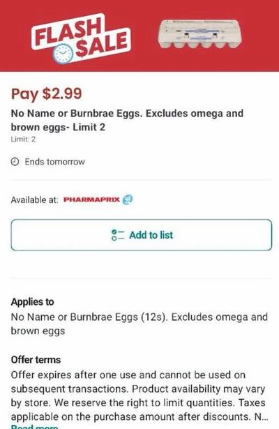 Shoppers Drug Mart: No Name or Burnbrae Eggs $2.99 or No Name Butter $3.99