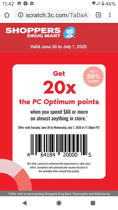Shoppers Drug Mart Canada Tuesday Text Offer: 20,000 PC Optimum Points When You Spend $60