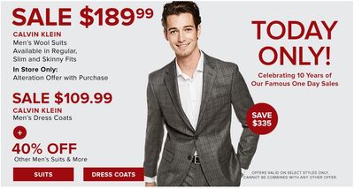 Hudson’s Bay Canada Pre Black Friday One Day Sale: Today, Save 64% on Calvin Klein Men’s Wool Suits & Dress Coats + Extra 15% with Coupon Code