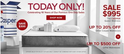 Hudson’s Bay Canada Pre Black Friday One Day Sale: Today, Sale $995, Save $300 The CASPER Queen Mattress + Extra 15% with Coupon Code