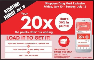 Shoppers Drug Mart Canada: 20x The Points Loadable Offer July 10th – 12th