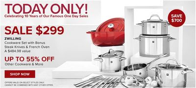 Hudson’s Bay Canada Pre Black Friday One Day Sale: Today, Save 70% off ZWILLING Cookware Set with Bonus Steak Knives & French Oven, (a $484.98 value) + Extra 15% with Coupon Code