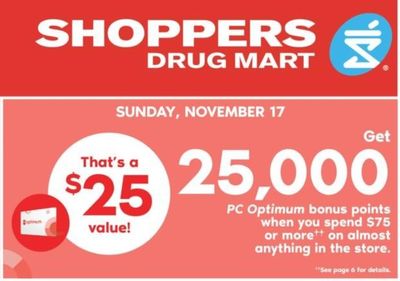 Shoppers Drug Mart Canada Offers: Get 25,000 PC Optimum Bonus Points When You Spend $75, Today