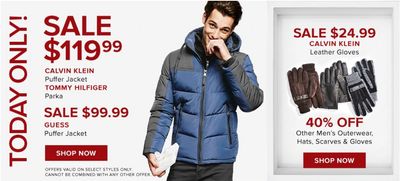 Hudson’s Bay Canada Pre Black Friday One Day Sale: Today, Save 58% on Men’s Outerwear + 71% on Hats, Scarves & Gloves by Calvin Klein, Tommy Hilfiger & Guess + More Brands