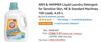 Amazon Canada Deals: Save 40% on ARM & HAMMER Liquid Laundry Detergent for Sensitive Skin + More Offers