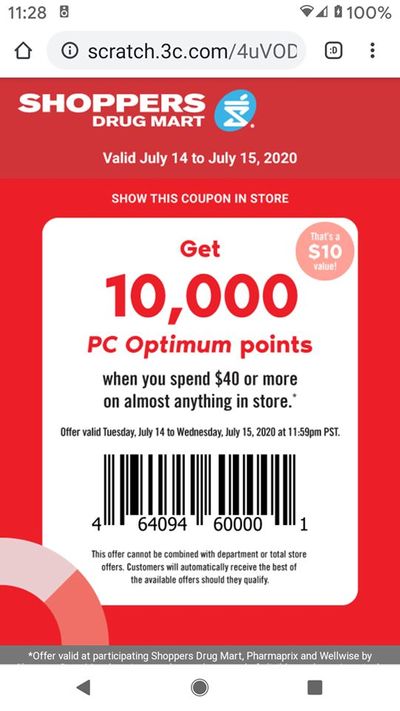Shoppers Drug Mart Canada Tuesday Text Offer: Get 10,000 PC Optimum Points When You Spend $40