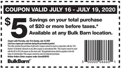 Bulk Barn Canada Coupons and Flyer: Save $5 Off Your Purchase of $20 with Coupons + More Offers