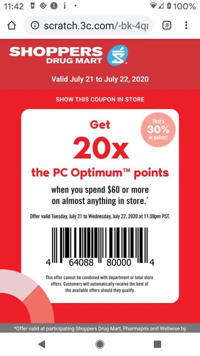 Shoppers Drug Mart Canada Tuesday Text Offer: Get 20x The PC Optimum Points When You Spend $60 Or More
