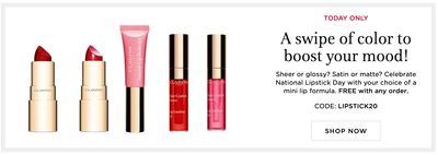 Clarins Canada National Lipstick Day Deal: FREE Lip Product with Any Purchase Using Coupon Code, Online Today Only.