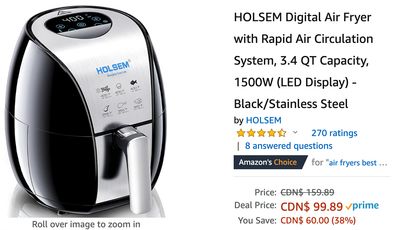 Amazon Canada Deals: Save 38% on HOLSEM Digital Air Fryer + 52% on 3-Piece Pasta Roller for KitchenAid Stand Mixers with Coupon + More Offers