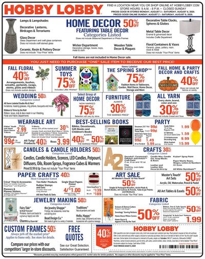 Hobby Lobby Weekly Ad August 2 to August 8