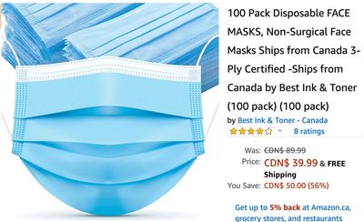 Amazon Canada Deals: Save 56% on 100 Pack Disposable FACE MASKS