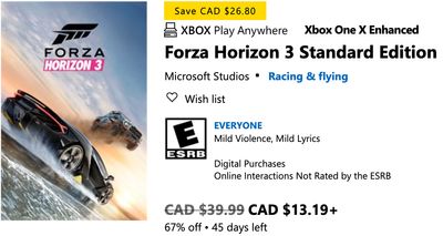 Microsoft Store Canada Offers: Save 67% – 70% off on Forza Horizon 3 Standard & Ultimate Edition, on Xbox One and PC, for $13.19