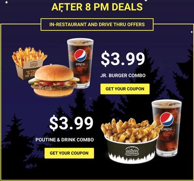 Harvey’s Canada Late Night Coupons: Get Poutine + Drink Combo or Jr. Burger Combo for $3.99 After 8:00 pm
