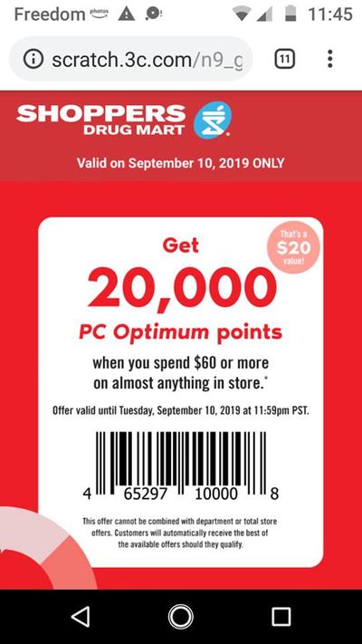 Shoppers Drug Mart Tuesday Text Offer: Get 20,000 PC Optimum Points When You Spend $60 Today Only!
