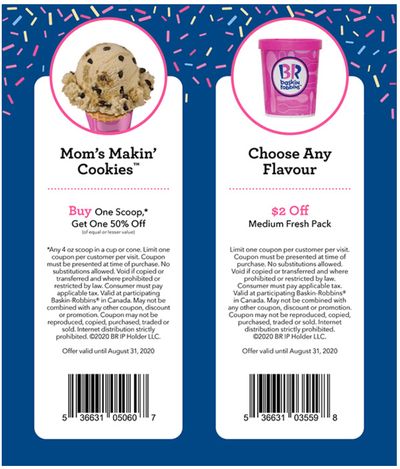 Baskin Robbins Canada August Coupons: BOGO 50% Off Scoops + $2 off Medium Fresh Pack