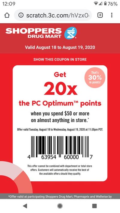 Shoppers Drug Mart Canada Tuesday Text Offer: Get 20x The PC Optimum Points When You Spend $50 Or More