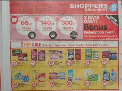 Shoppers Drug Mart Canada: Bonus Redemption Event September 13th – 15th
