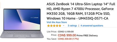 Amazon Canada Deals: Save 17% on ASUS ZenBook 14 Ultra-Slim Laptop 14” Laptop