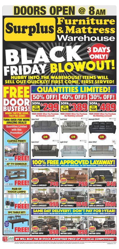Surplus Furniture & Mattress Warehouse (Lethbridge) Black Friday Flyer November 26 to December 2 Surplus Furniture & Mattress Warehouse (Lethbridge) Black Friday Flyer November 26 to December 2