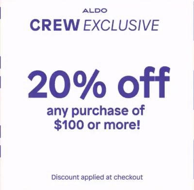 Aldo Canada Sale: 20% Off Purchase of $100 Or More When You Sign In Or Sign Up