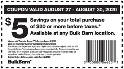 Bulk Barn Canada Coupons and Flyer Deals: Save $5 Off Your Purchase with Coupons + 20% off Select Items