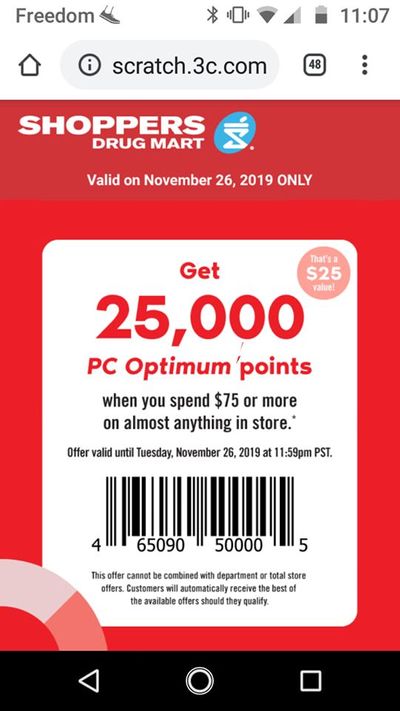 Shoppers Drug Mart Tuesday Text Offer: Get 25,000 PC Optimum Points When You Spend $75 Today Only
