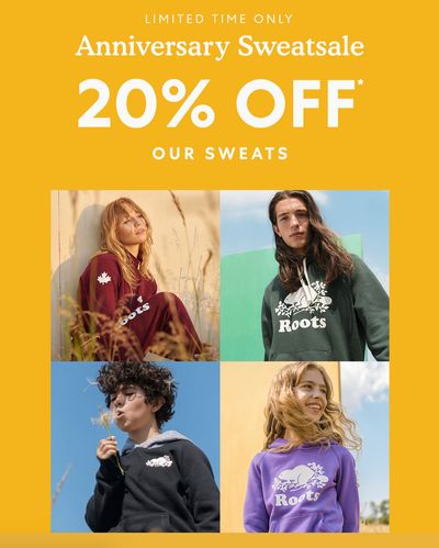 Roots Canada Anniversary Sweatsale: Save 20% Off Adult & Kids Sweats + Extra 20% Off Sale Items