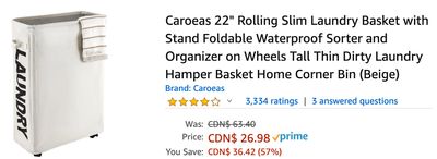 Amazon Canada Deals: Save 57% on Caroeas 22″ Rolling Slim Laundry Basket + 50% on Saucony Women’s Mad River Tr Trail Running Shoe + More Offers