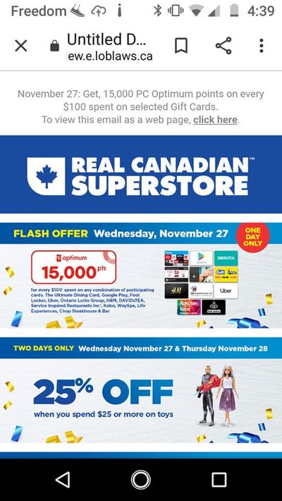 Real Canadian Superstore Ontario PC Optimum Flash Sale: Get 15,000 Points When You Spend $100 On Select Gift Cards Today Only