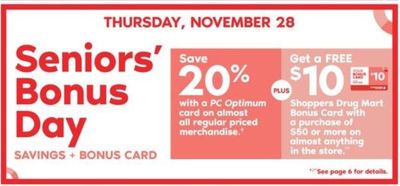 Shoppers Drug Mart Canada Seniors Bonus Day Deals: Save 20% + FREE $10 Bonus Gift Card