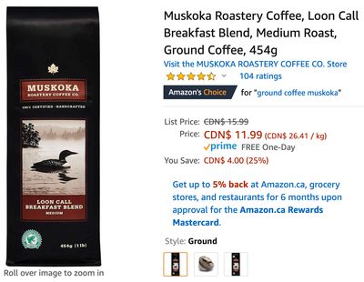 Amazon Canada Deals: Save 25% on Muskoka Roastery Coffee, 454 g for $11.99