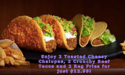 Enjoy 2 Toasted Cheesy Chalupas,Crunchy Beef Tacos, Reg Fries for just $12.99! at Taco Bell Canada