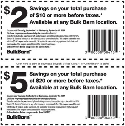 Bulk Barn Canada Coupons and Flyer Deals: Save $2 to $5 Off Your Purchase with Coupons + 20% off Select Items